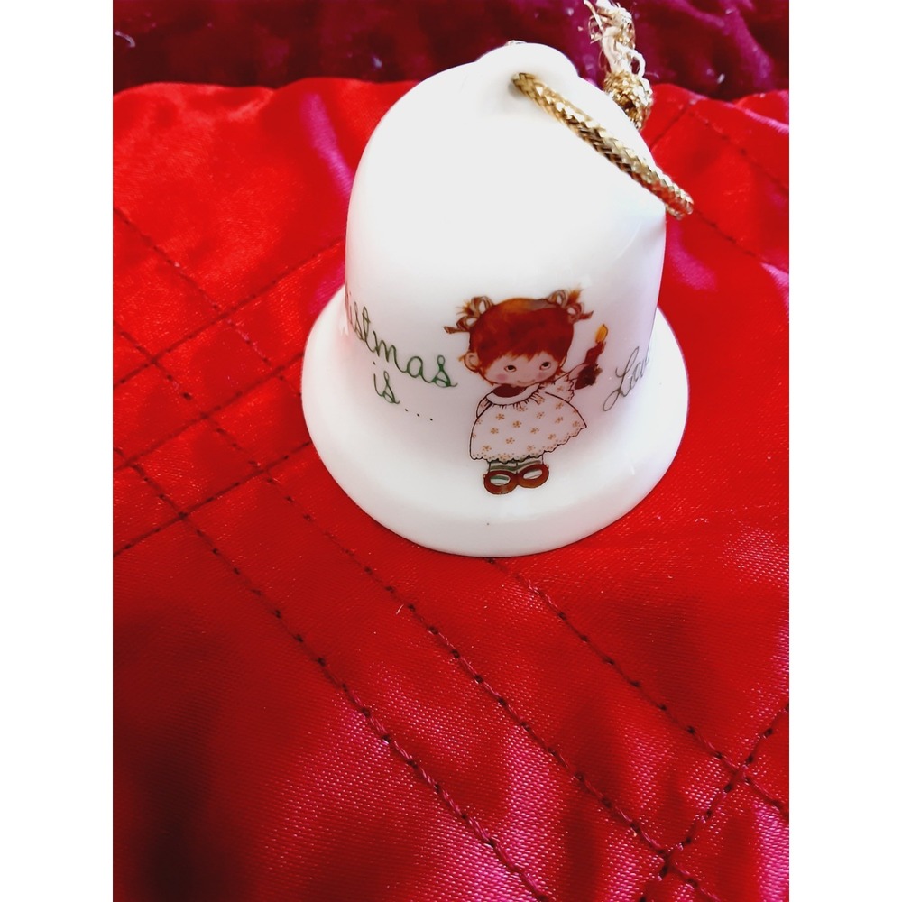 VTG 80S Christmas Ornament Ceramic Bell Christmas is Love Red Hair Girl Candle